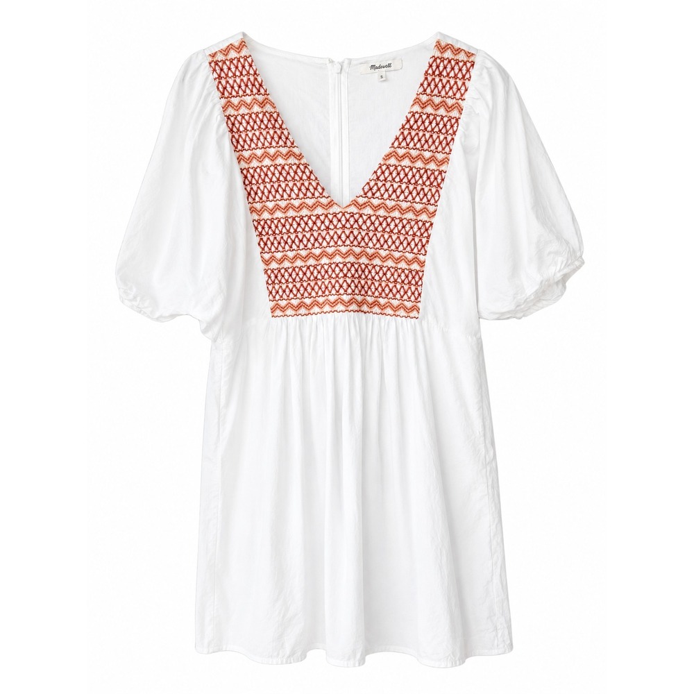 Madewell Embroidered Peasant Mini Dress Cotton Puff Sleeve White Folk Pockets